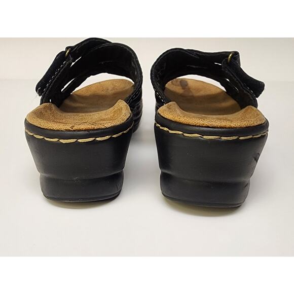 Clarks Bendables Wedge Open Toe Black Sandals Adjust Strap Leather Size 8.5M - Picture 6 of 8